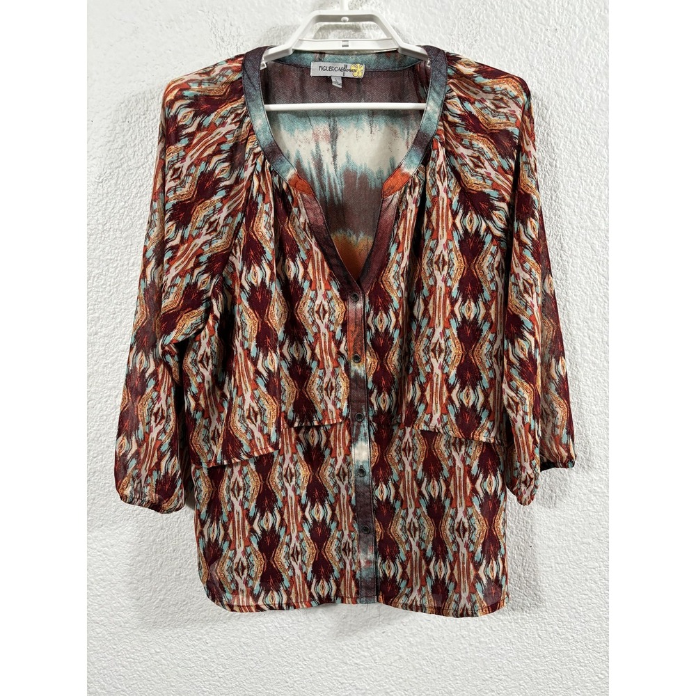 Figueroa & Flower Blouse Womens Large Multicolor Sheer Ikat 3/4 Sleeve Button